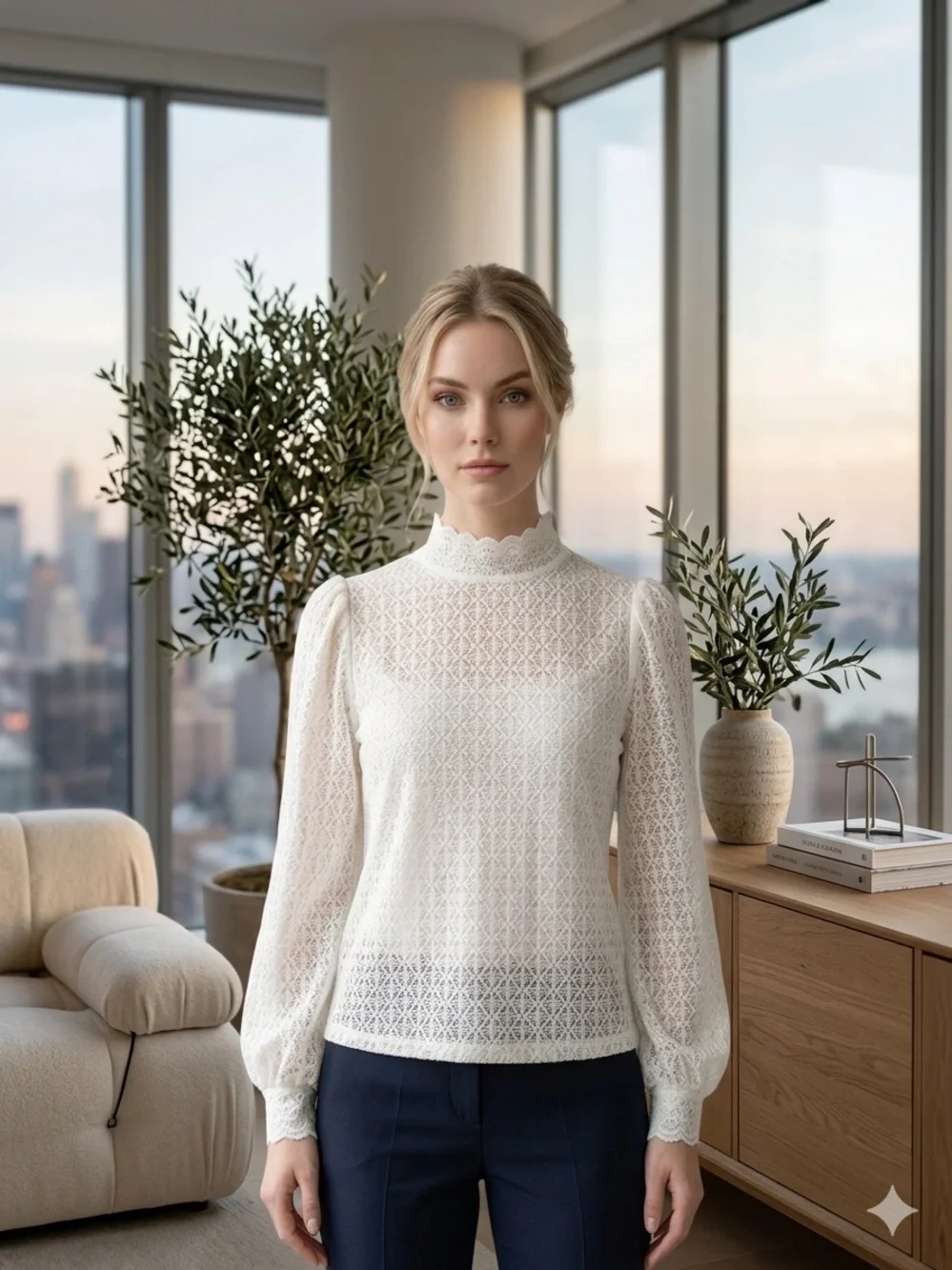 LOFT Ivory Lace Mock-Neck Blouse